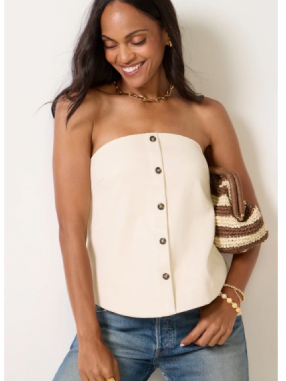 Evereve Benson Faux Leather Night Out Chic Strapless Top in Ecru Size M NWT